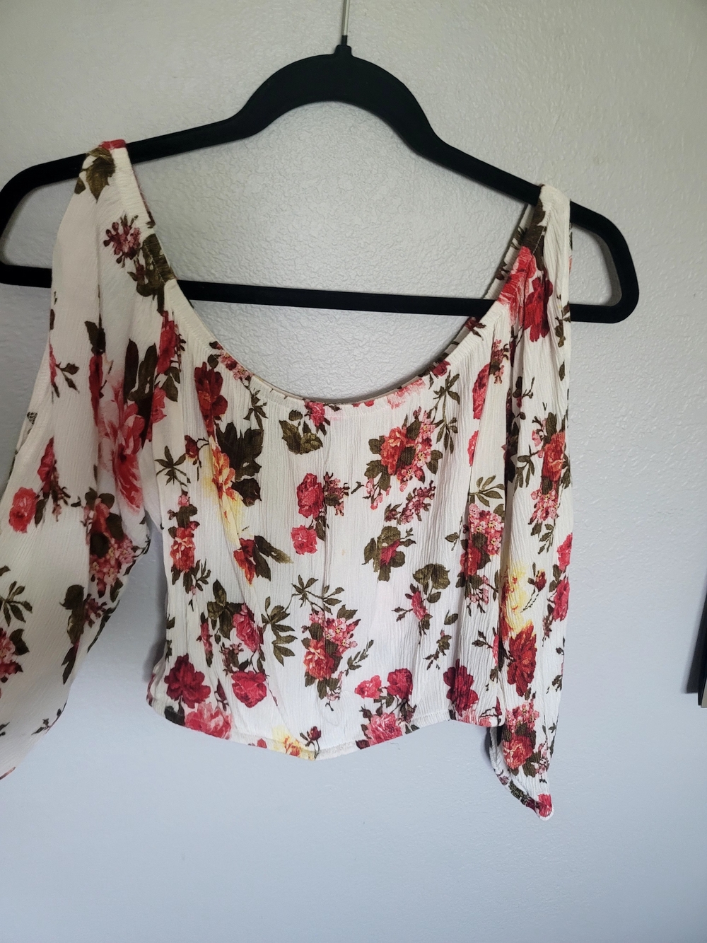 Ambiance Floral Off-Shoulder Blouse - White with Red and Green Print